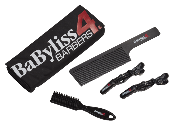 BaByliss4Barbers Essential Barber Kit—cape, 2 hair clips, fade brush, comb